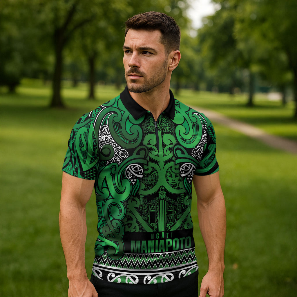 Aotearoa Iwi Ngati Maniapoto Zipper Polo Shirt Maori Wharenui House Tribal Pattern