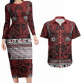 Aotearoa Iwi Te Arawa Couples Matching Long Sleeve Bodycon Dress and Hawaiian Shirt Maori Wharenui House Tribal Pattern