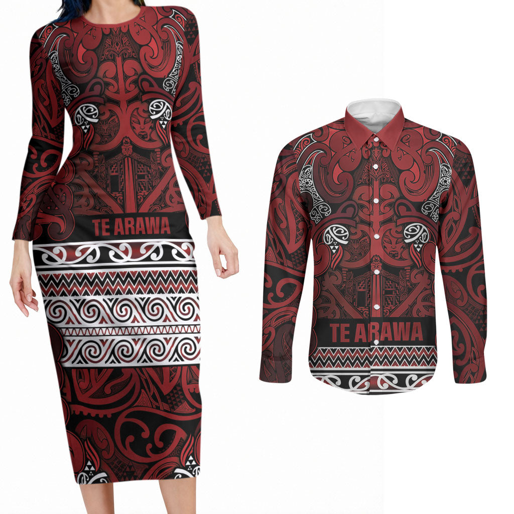 Aotearoa Iwi Te Arawa Couples Matching Long Sleeve Bodycon Dress and Long Sleeve Button Shirt Maori Wharenui House Tribal Pattern