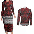 Aotearoa Iwi Te Arawa Couples Matching Long Sleeve Bodycon Dress and Long Sleeve Button Shirt Maori Wharenui House Tribal Pattern