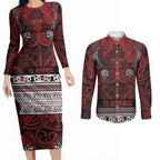Aotearoa Iwi Te Arawa Couples Matching Long Sleeve Bodycon Dress and Long Sleeve Button Shirt Maori Wharenui House Tribal Pattern
