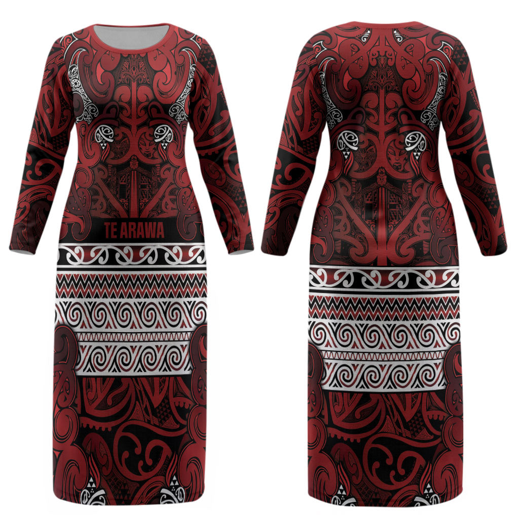 Aotearoa Iwi Te Arawa Couples Matching Long Sleeve Bodycon Dress and Long Sleeve Button Shirt Maori Wharenui House Tribal Pattern