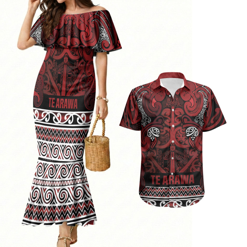 Aotearoa Iwi Te Arawa Couples Matching Mermaid Dress and Hawaiian Shirt Maori Wharenui House Tribal Pattern