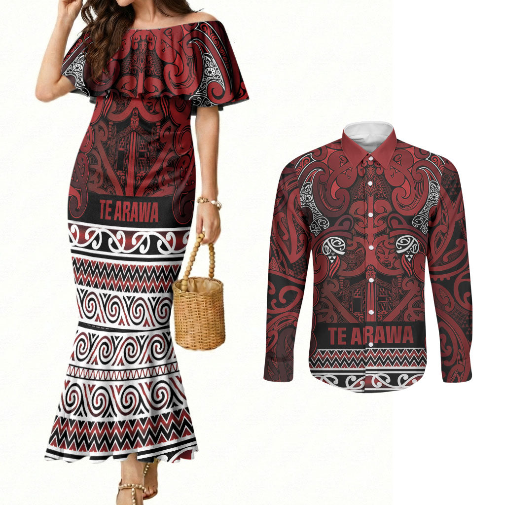Aotearoa Iwi Te Arawa Couples Matching Mermaid Dress and Long Sleeve Button Shirt Maori Wharenui House Tribal Pattern