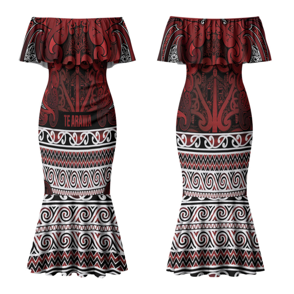 Aotearoa Iwi Te Arawa Couples Matching Mermaid Dress and Long Sleeve Button Shirt Maori Wharenui House Tribal Pattern