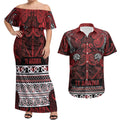 Aotearoa Iwi Te Arawa Couples Matching Off Shoulder Maxi Dress and Hawaiian Shirt Maori Wharenui House Tribal Pattern
