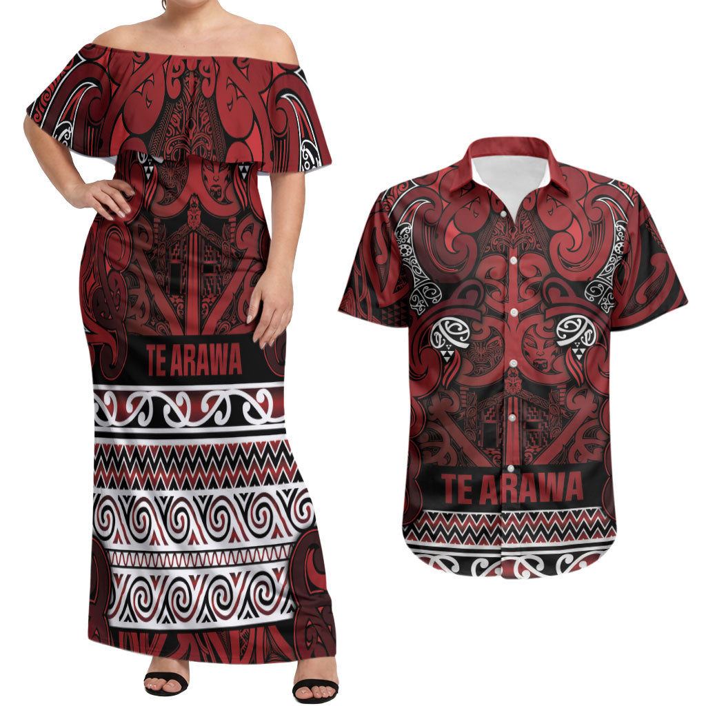 Aotearoa Iwi Te Arawa Couples Matching Off Shoulder Maxi Dress and Hawaiian Shirt Maori Wharenui House Tribal Pattern