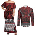 Aotearoa Iwi Te Arawa Couples Matching Off Shoulder Maxi Dress and Long Sleeve Button Shirt Maori Wharenui House Tribal Pattern