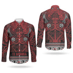 Aotearoa Iwi Te Arawa Couples Matching Off Shoulder Maxi Dress and Long Sleeve Button Shirt Maori Wharenui House Tribal Pattern