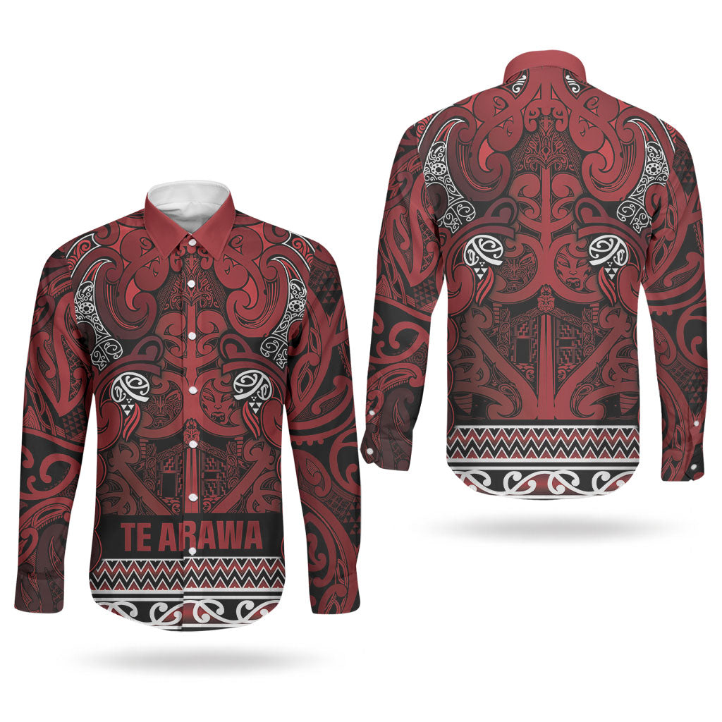 Aotearoa Iwi Te Arawa Couples Matching Off Shoulder Maxi Dress and Long Sleeve Button Shirt Maori Wharenui House Tribal Pattern