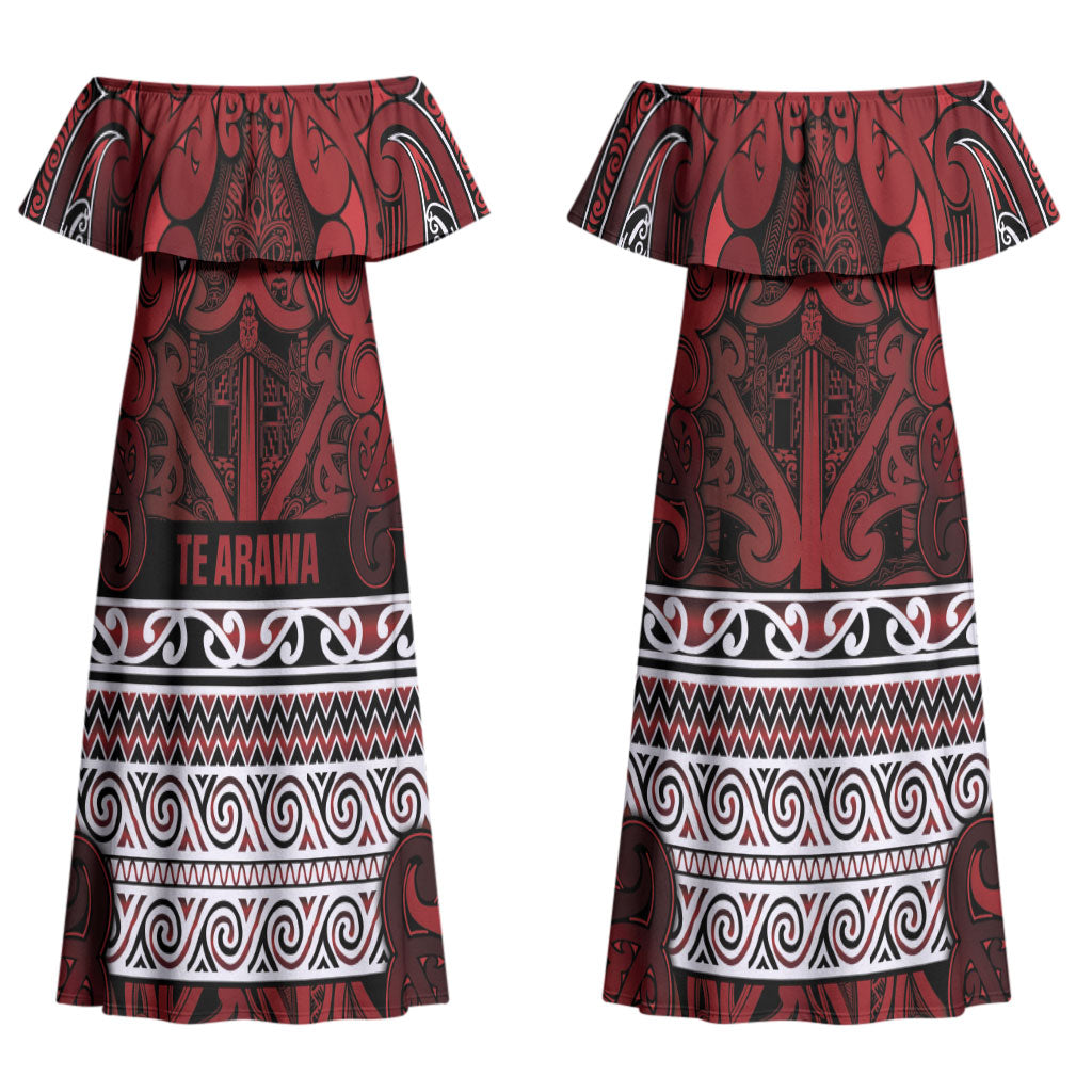 Aotearoa Iwi Te Arawa Couples Matching Off Shoulder Maxi Dress and Long Sleeve Button Shirt Maori Wharenui House Tribal Pattern