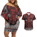 Aotearoa Iwi Te Arawa Couples Matching Off Shoulder Short Dress and Hawaiian Shirt Maori Wharenui House Tribal Pattern