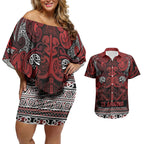 Aotearoa Iwi Te Arawa Couples Matching Off Shoulder Short Dress and Hawaiian Shirt Maori Wharenui House Tribal Pattern
