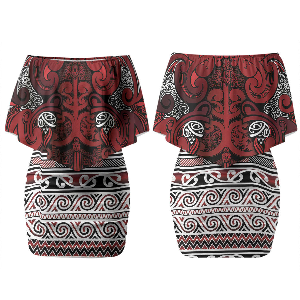 Aotearoa Iwi Te Arawa Couples Matching Off Shoulder Short Dress and Hawaiian Shirt Maori Wharenui House Tribal Pattern