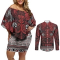 Aotearoa Iwi Te Arawa Couples Matching Off Shoulder Short Dress and Long Sleeve Button Shirt Maori Wharenui House Tribal Pattern