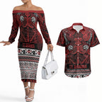 Aotearoa Iwi Te Arawa Couples Matching Off The Shoulder Long Sleeve Dress and Hawaiian Shirt Maori Wharenui House Tribal Pattern