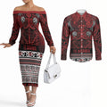 Aotearoa Iwi Te Arawa Couples Matching Off The Shoulder Long Sleeve Dress and Long Sleeve Button Shirt Maori Wharenui House Tribal Pattern