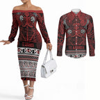 Aotearoa Iwi Te Arawa Couples Matching Off The Shoulder Long Sleeve Dress and Long Sleeve Button Shirt Maori Wharenui House Tribal Pattern