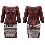 Aotearoa Iwi Te Arawa Couples Matching Off The Shoulder Long Sleeve Dress and Long Sleeve Button Shirt Maori Wharenui House Tribal Pattern