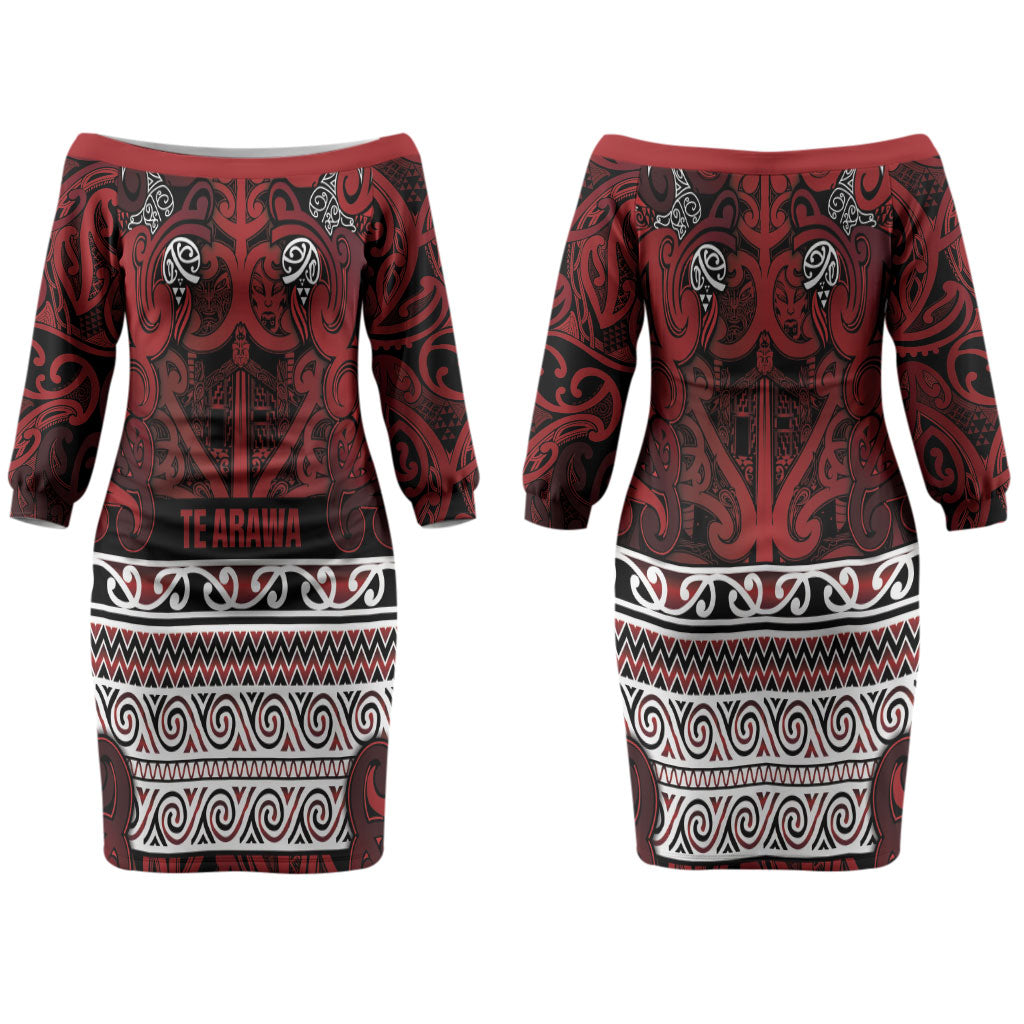 Aotearoa Iwi Te Arawa Couples Matching Off The Shoulder Long Sleeve Dress and Long Sleeve Button Shirt Maori Wharenui House Tribal Pattern