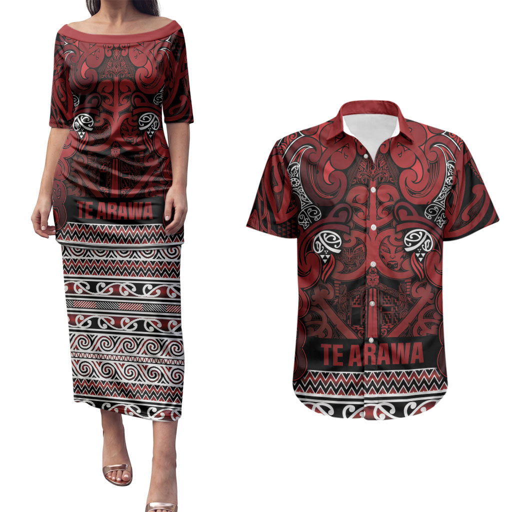 Aotearoa Iwi Te Arawa Couples Matching Puletasi and Hawaiian Shirt Maori Wharenui House Tribal Pattern