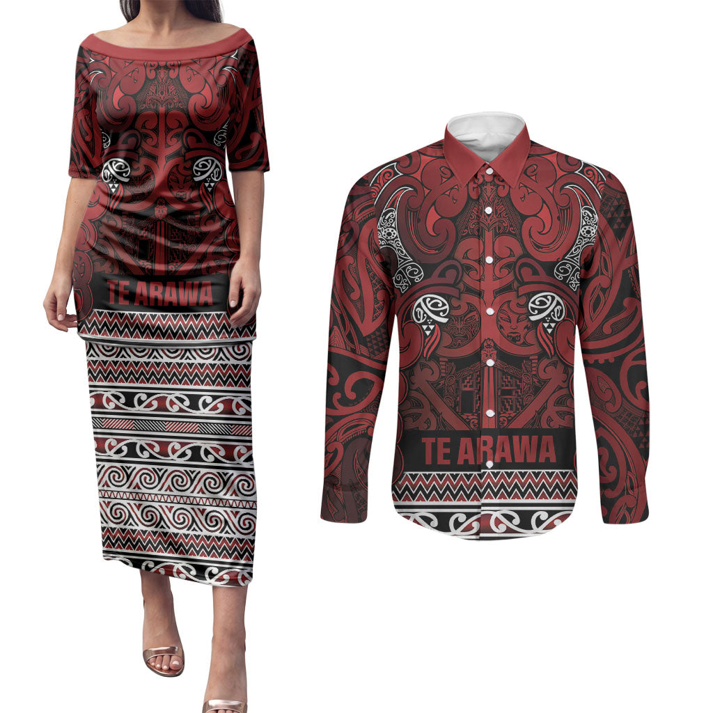 Aotearoa Iwi Te Arawa Couples Matching Puletasi and Long Sleeve Button Shirt Maori Wharenui House Tribal Pattern