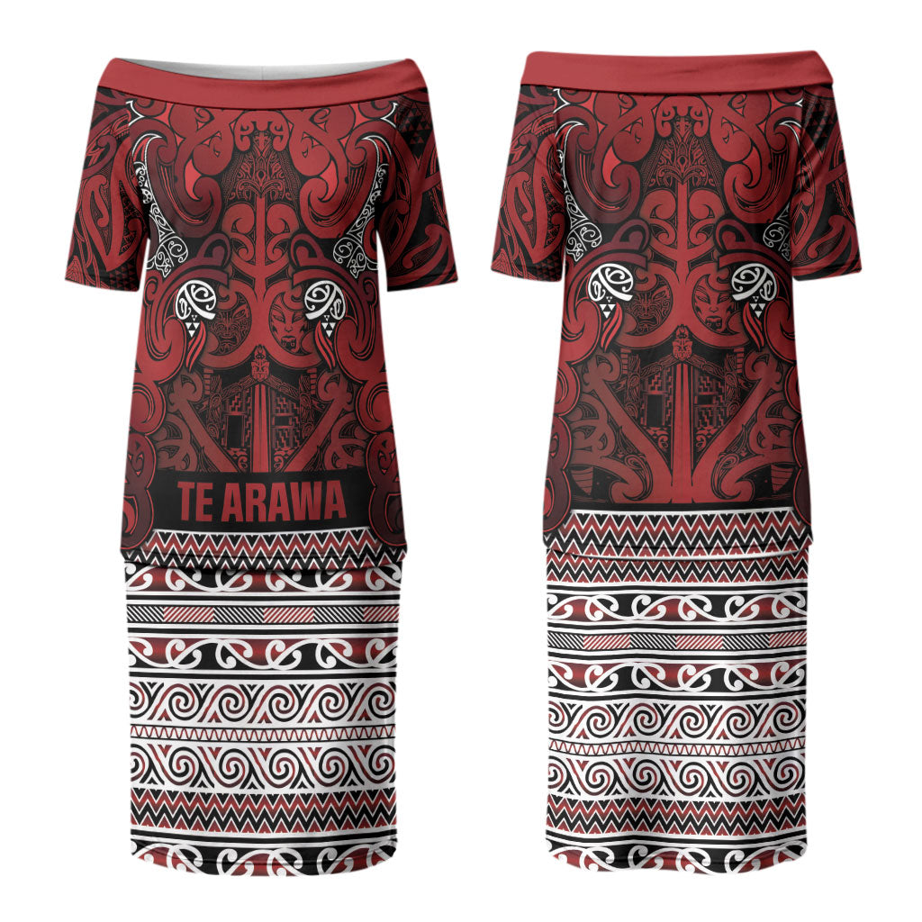 Aotearoa Iwi Te Arawa Couples Matching Puletasi and Long Sleeve Button Shirt Maori Wharenui House Tribal Pattern