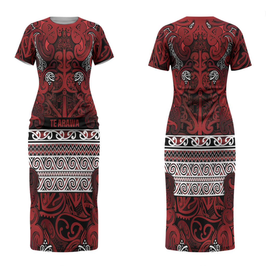 Aotearoa Iwi Te Arawa Couples Matching Short Sleeve Bodycon Dress and Hawaiian Shirt Maori Wharenui House Tribal Pattern