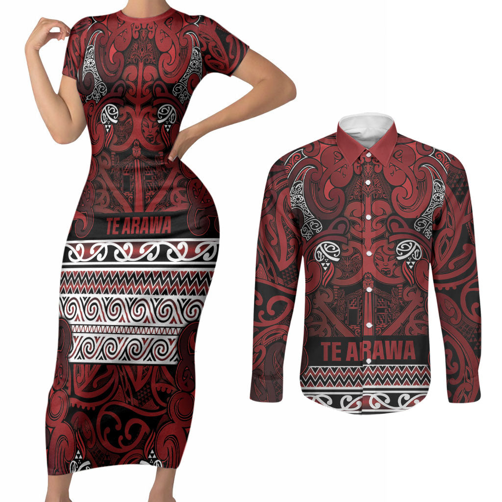 Aotearoa Iwi Te Arawa Couples Matching Short Sleeve Bodycon Dress and Long Sleeve Button Shirt Maori Wharenui House Tribal Pattern