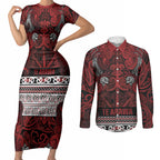 Aotearoa Iwi Te Arawa Couples Matching Short Sleeve Bodycon Dress and Long Sleeve Button Shirt Maori Wharenui House Tribal Pattern