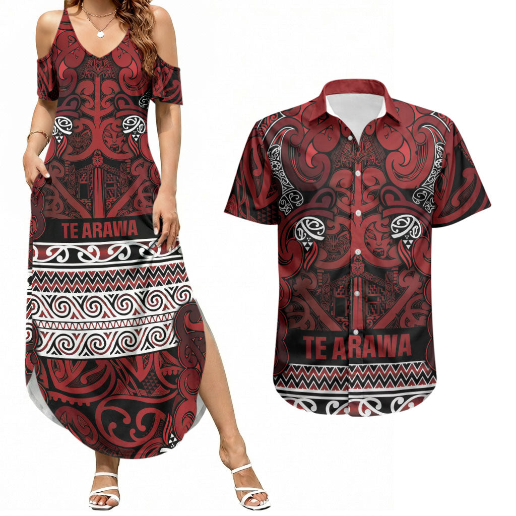 Aotearoa Iwi Te Arawa Couples Matching Summer Maxi Dress and Hawaiian Shirt Maori Wharenui House Tribal Pattern