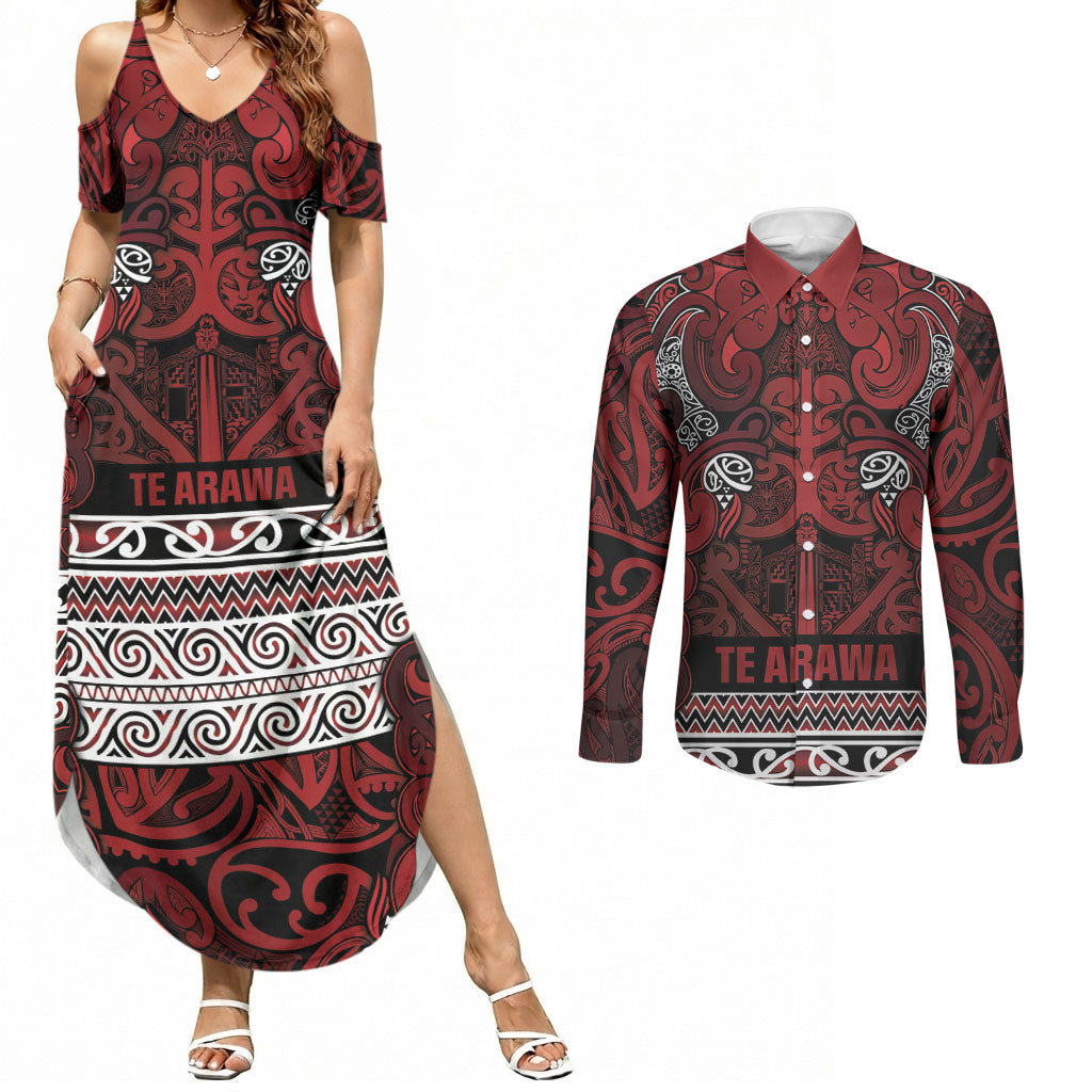 Aotearoa Iwi Te Arawa Couples Matching Summer Maxi Dress and Long Sleeve Button Shirt Maori Wharenui House Tribal Pattern