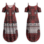 Aotearoa Iwi Te Arawa Couples Matching Summer Maxi Dress and Long Sleeve Button Shirt Maori Wharenui House Tribal Pattern