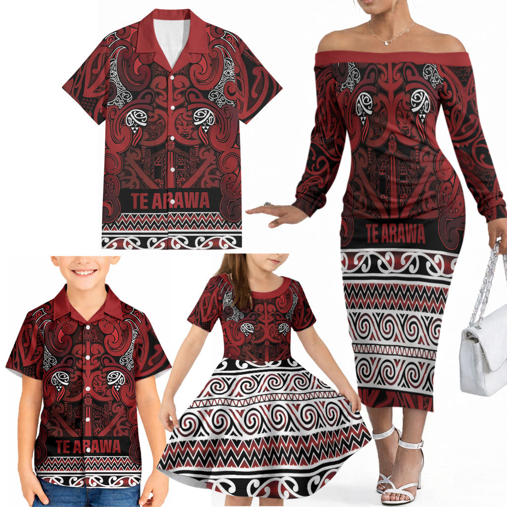 Aotearoa Iwi Te Arawa Family Matching Off The Shoulder Long Sleeve Dress and Hawaiian Shirt Maori Wharenui House Tribal Pattern