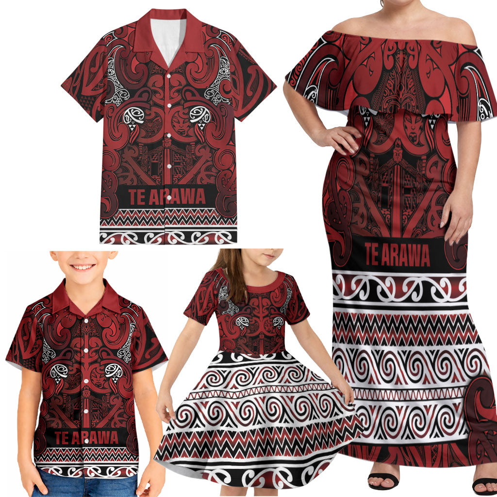Aotearoa Iwi Te Arawa Family Matching Off Shoulder Maxi Dress and Hawaiian Shirt Maori Wharenui House Tribal Pattern