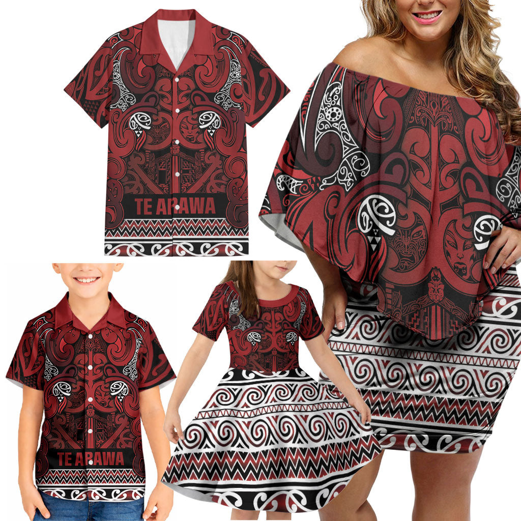 Aotearoa Iwi Te Arawa Family Matching Off Shoulder Short Dress and Hawaiian Shirt Maori Wharenui House Tribal Pattern