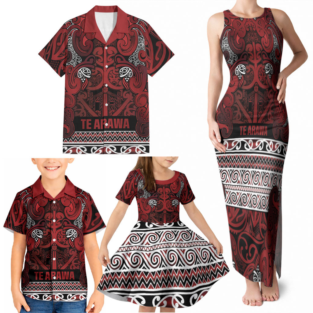 Aotearoa Iwi Te Arawa Family Matching Tank Maxi Dress and Hawaiian Shirt Maori Wharenui House Tribal Pattern