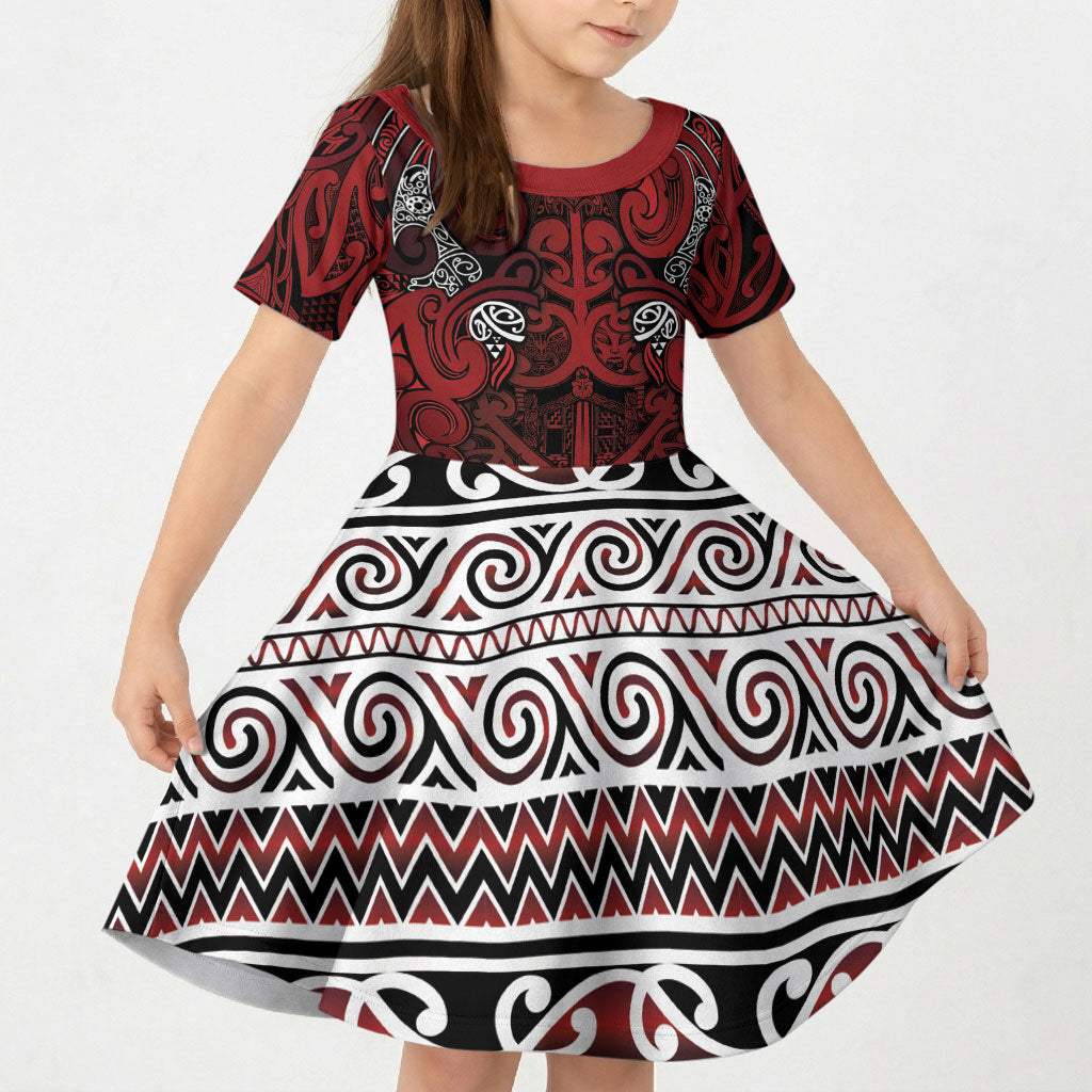 Aotearoa Iwi Te Arawa Kid Short Sleeve Dress Maori Wharenui House Tribal Pattern