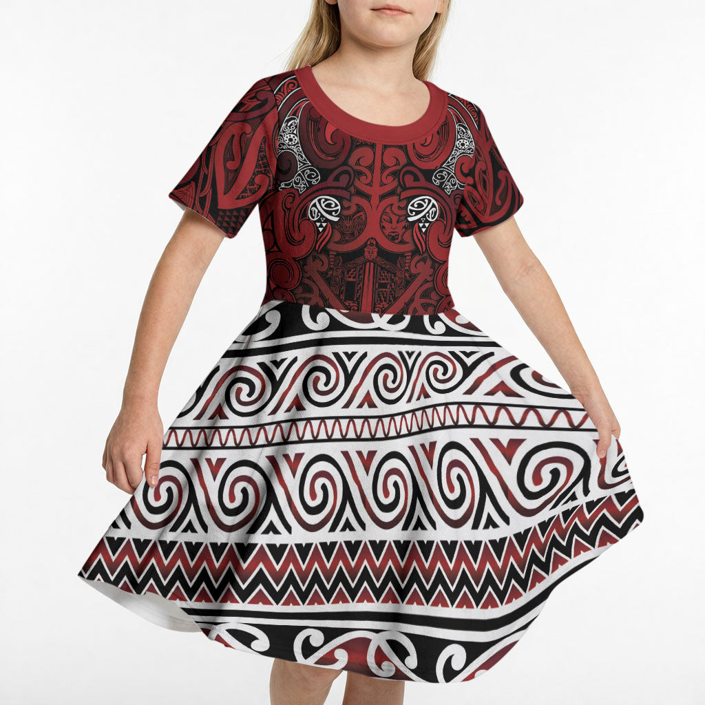 Aotearoa Iwi Te Arawa Kid Short Sleeve Dress Maori Wharenui House Tribal Pattern