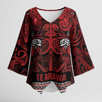 Aotearoa Iwi Te Arawa Kimono Sleeve Blouse Maori Wharenui House Tribal Pattern