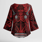 Aotearoa Iwi Te Arawa Kimono Sleeve Blouse Maori Wharenui House Tribal Pattern