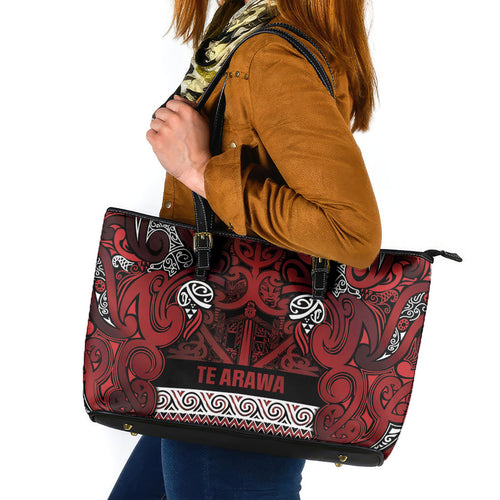 Aotearoa Iwi Te Arawa Leather Tote Bag Maori Wharenui House Tribal Pattern