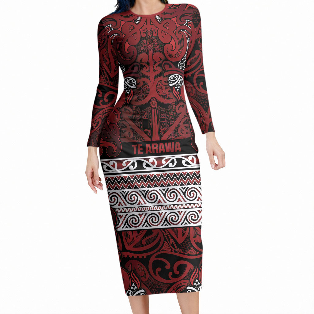 Aotearoa Iwi Te Arawa Long Sleeve Bodycon Dress Maori Wharenui House Tribal Pattern
