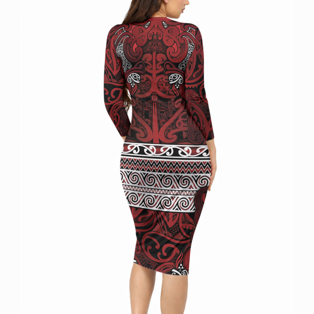 Aotearoa Iwi Te Arawa Long Sleeve Bodycon Dress Maori Wharenui House Tribal Pattern