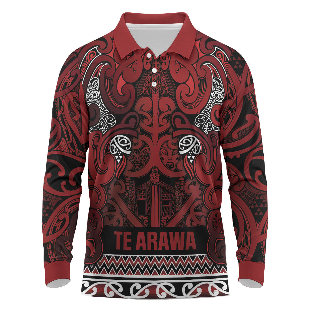 Aotearoa Iwi Te Arawa Long Sleeve Polo Shirt Maori Wharenui House Tribal Pattern