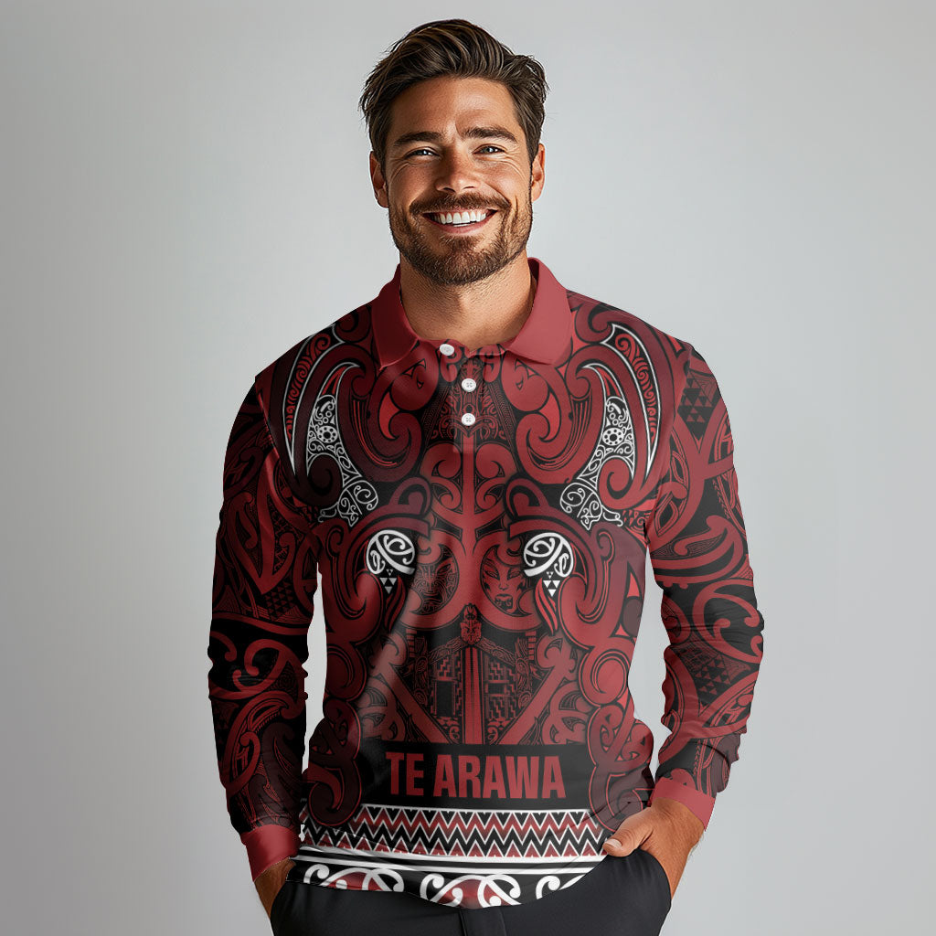 Aotearoa Iwi Te Arawa Long Sleeve Polo Shirt Maori Wharenui House Tribal Pattern