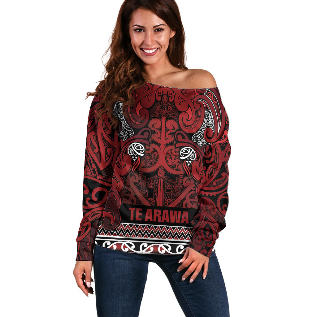 Aotearoa Iwi Te Arawa Off Shoulder Sweater Maori Wharenui House Tribal Pattern