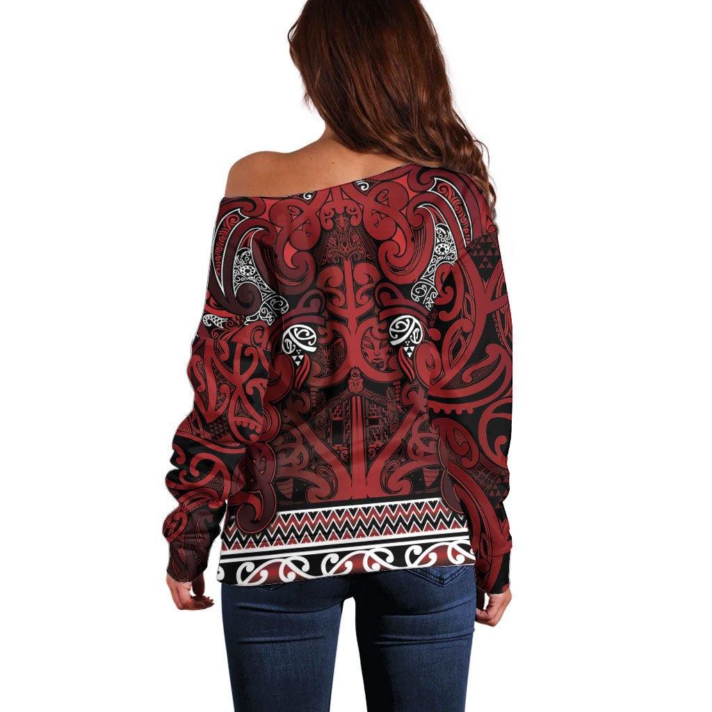 Aotearoa Iwi Te Arawa Off Shoulder Sweater Maori Wharenui House Tribal Pattern