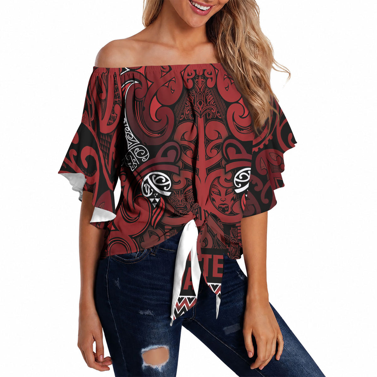 Aotearoa Iwi Te Arawa Off Shoulder Wrap Waist Top Maori Wharenui House Tribal Pattern