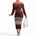 Aotearoa Iwi Te Arawa Off The Shoulder Long Sleeve Dress Maori Wharenui House Tribal Pattern